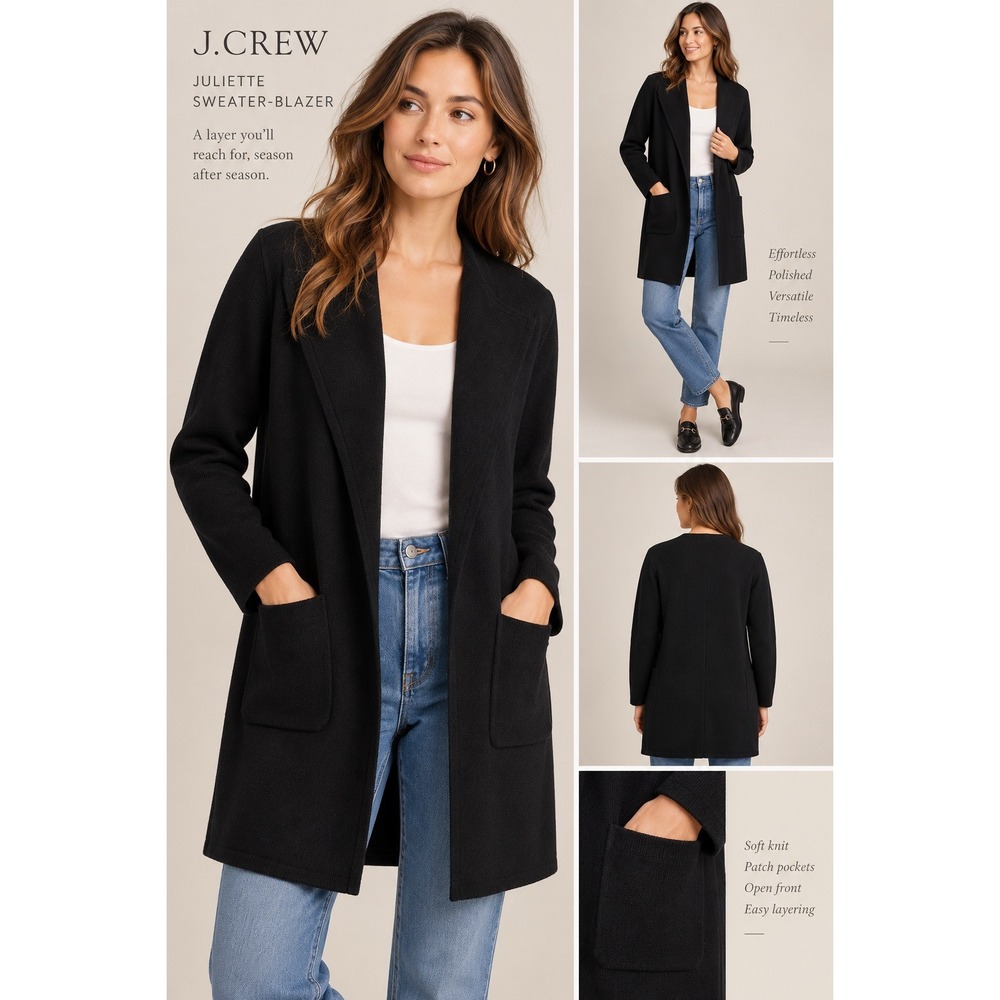 NWT J.Crew Juliette Sweater Blazer Cardigan Black Merino Wool Open Front M